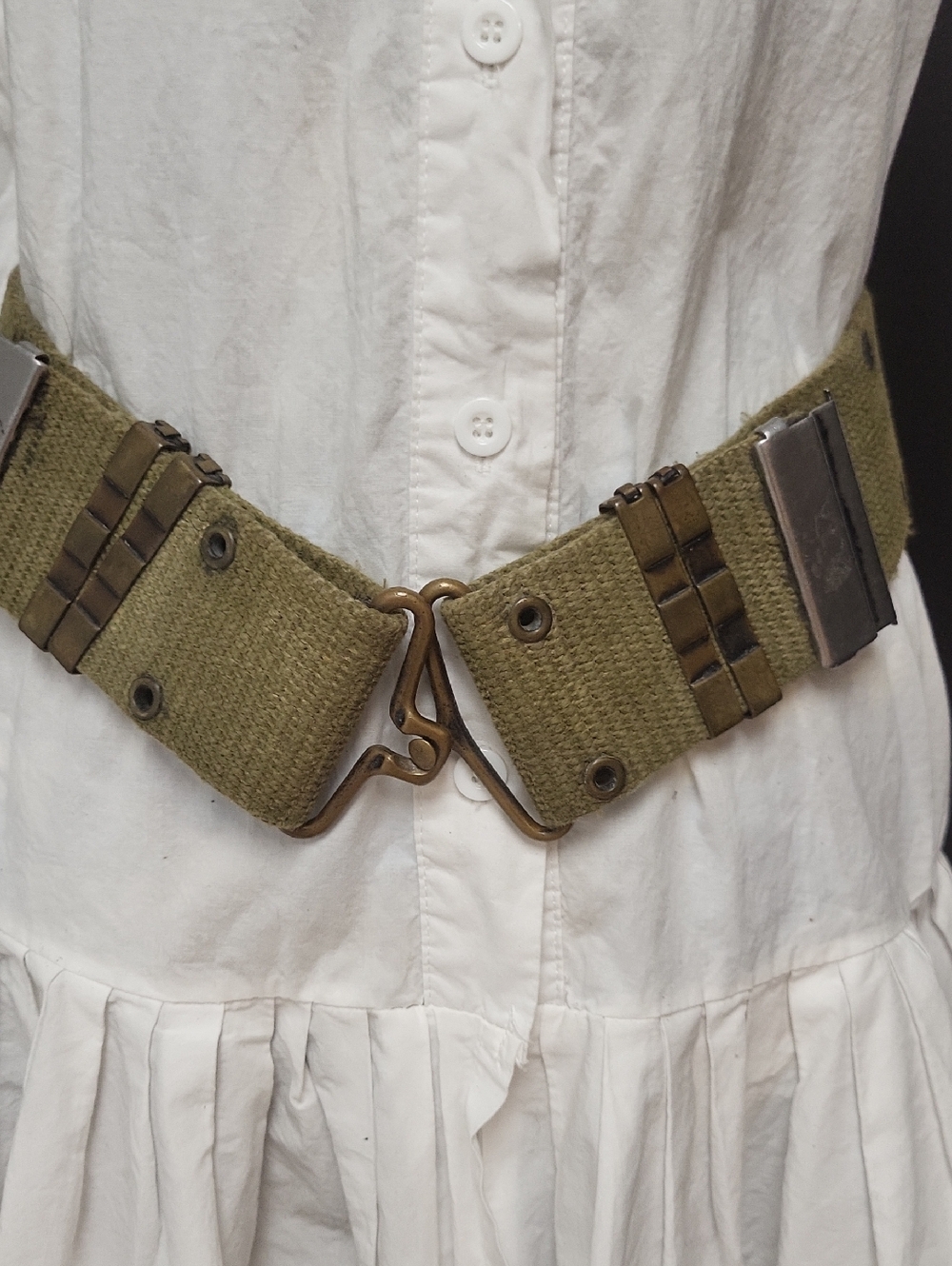 VTG. Olive Green Military Web Belt with Brass Hooks